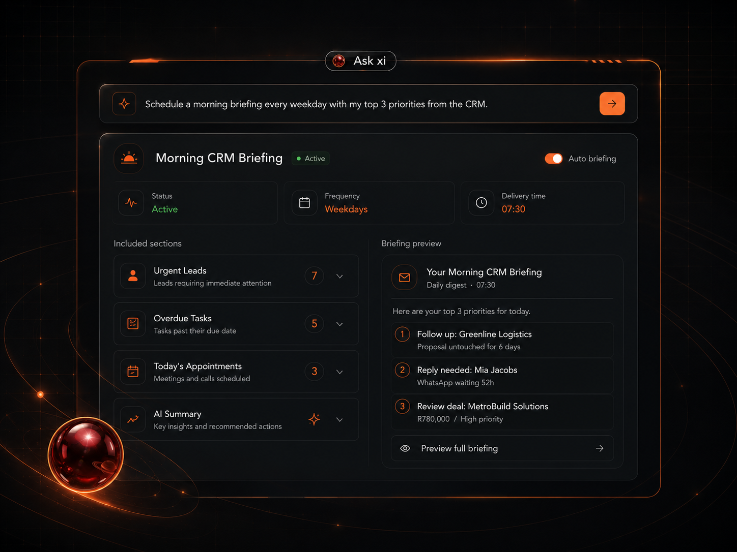 Ask xi — Morning CRM Briefing command preview