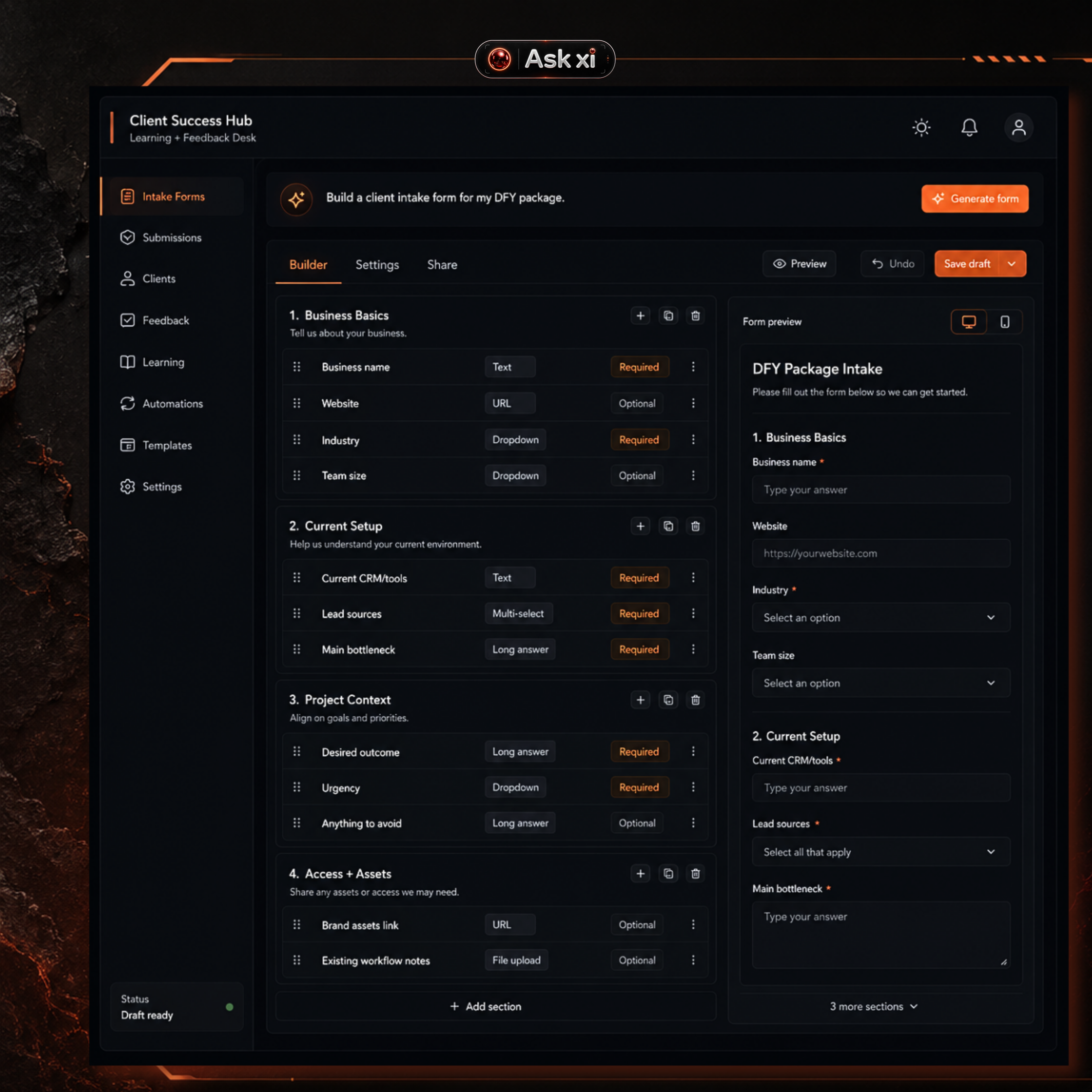 ORBITxi Proof Library screenshot: Build intake forms