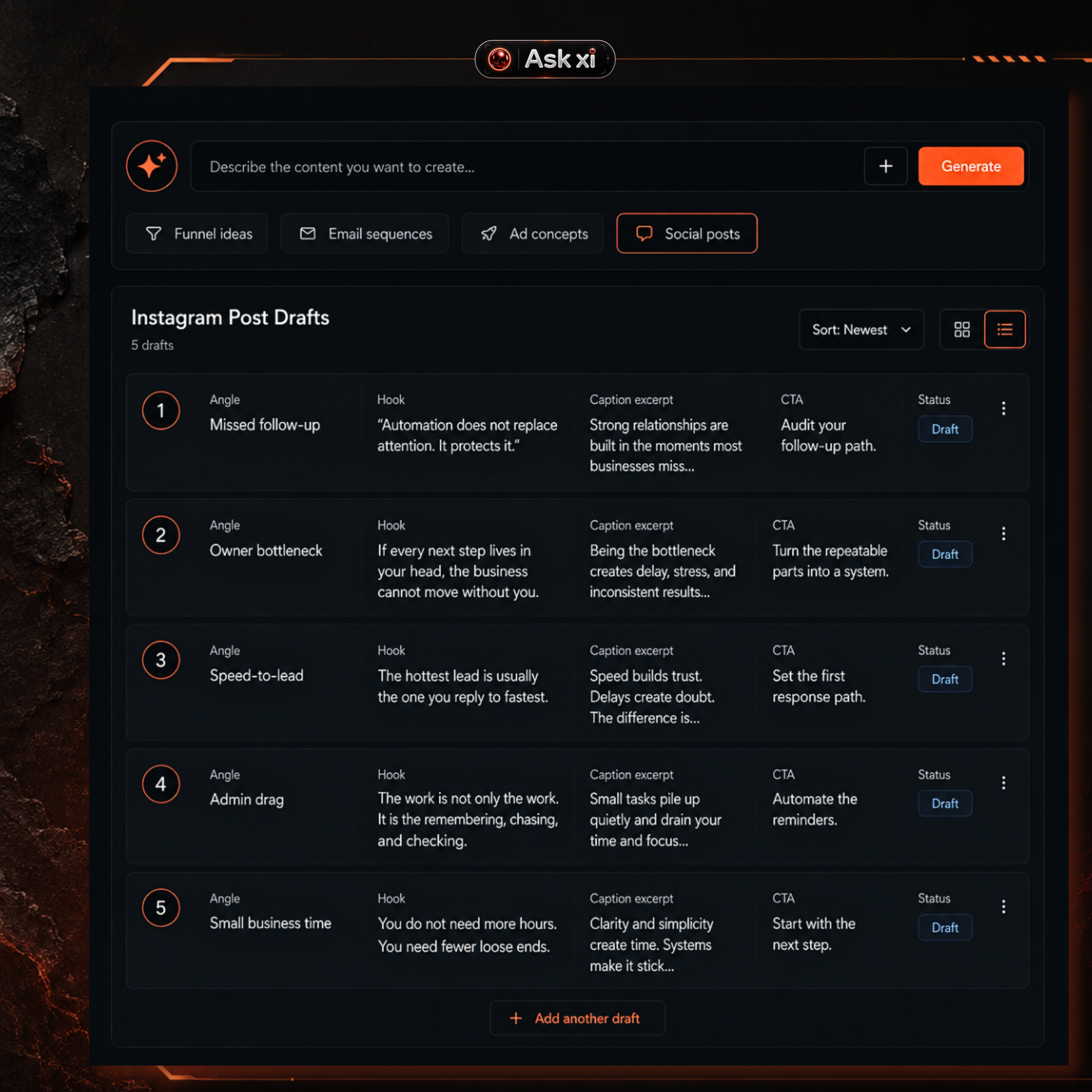 ORBITxi Proof Library screenshot: Draft social posts