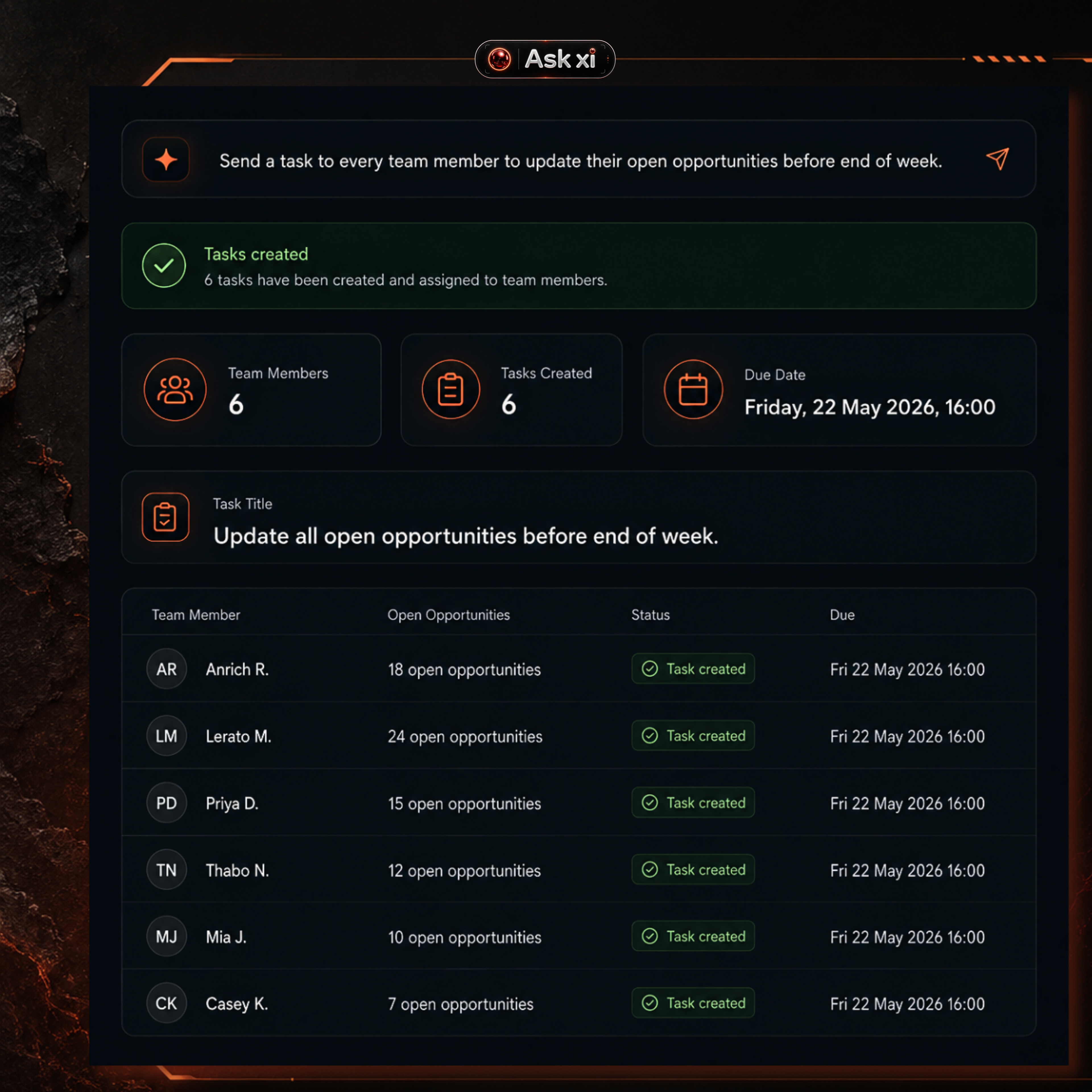 ORBITxi Proof Library screenshot: Send team tasks