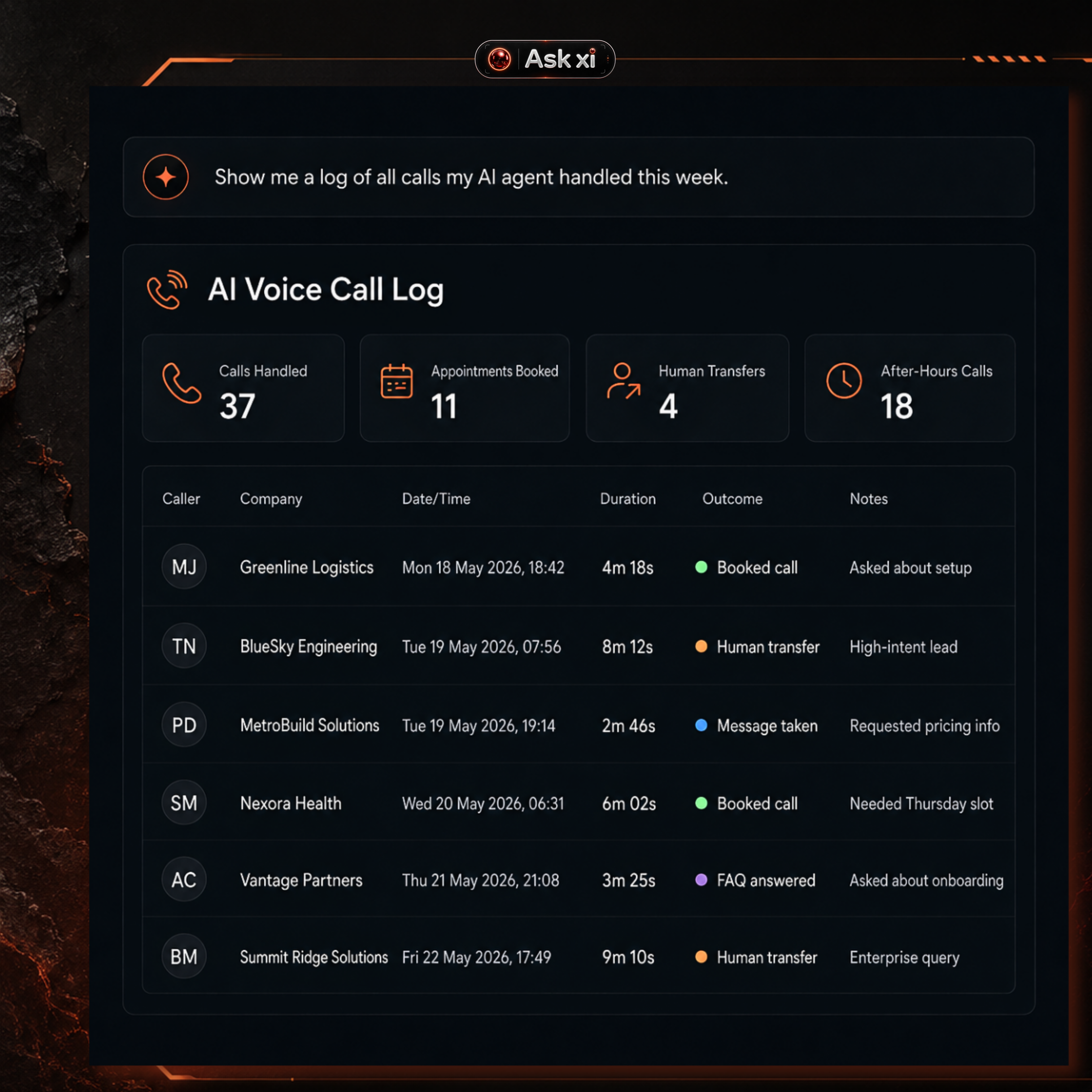ORBITxi Proof Library screenshot: Review call logs