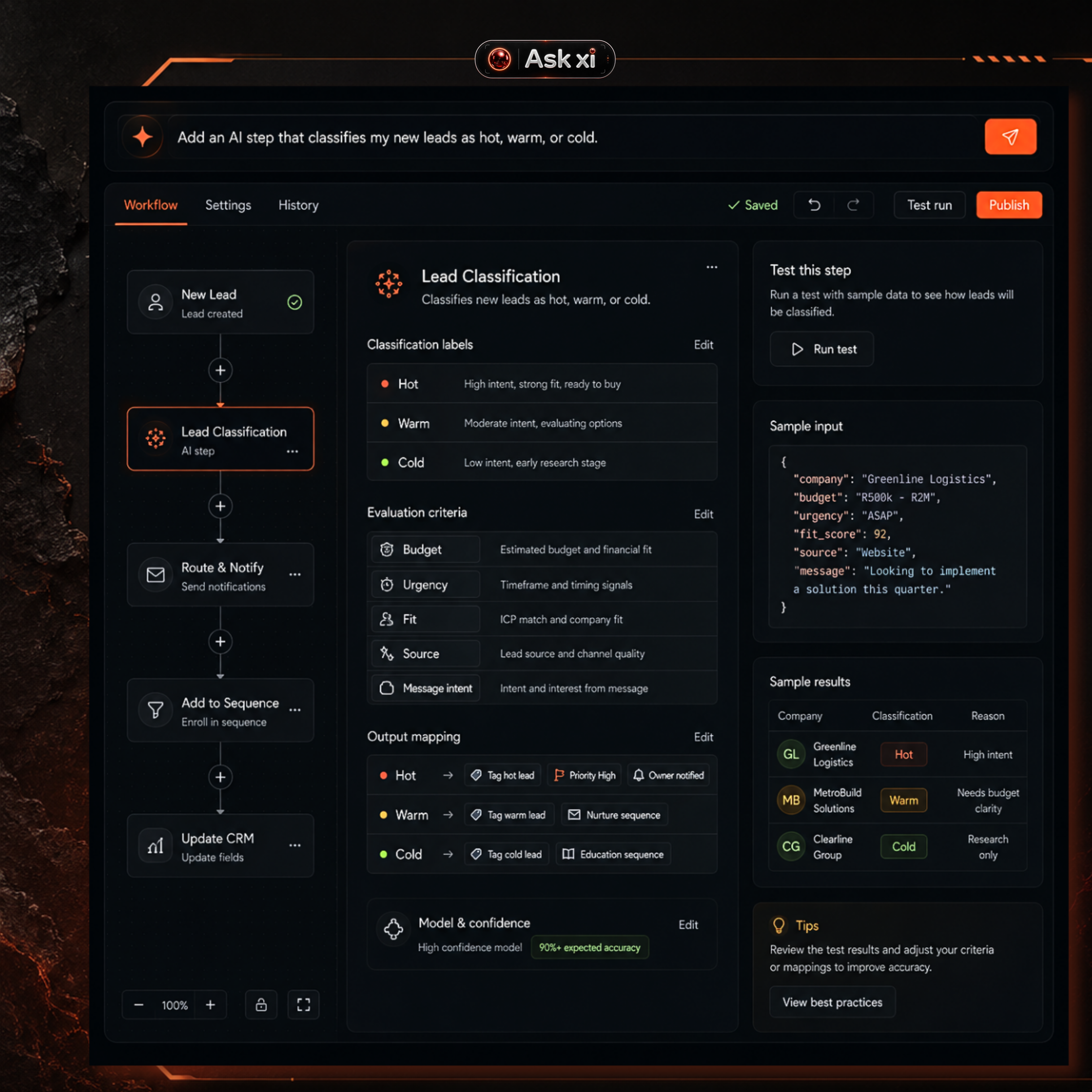 ORBITxi Proof Library screenshot: Classify new leads