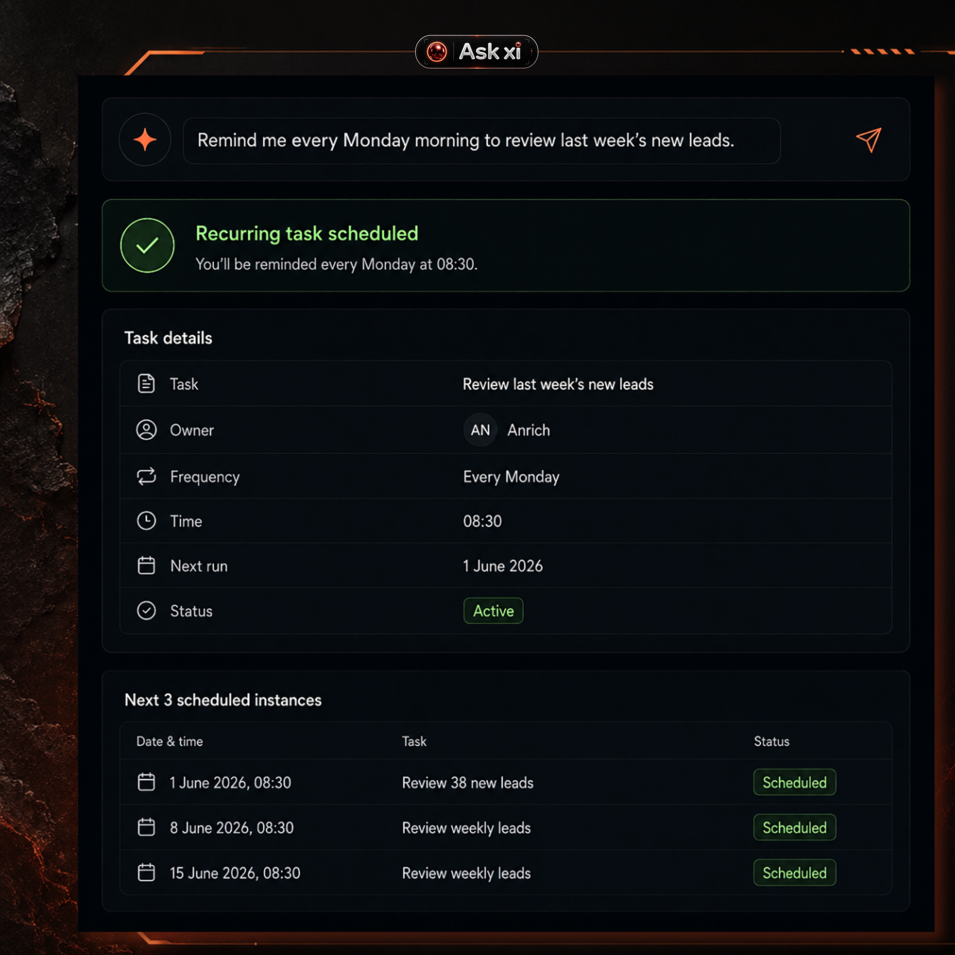 ORBITxi Proof Library screenshot: Schedule lead reviews