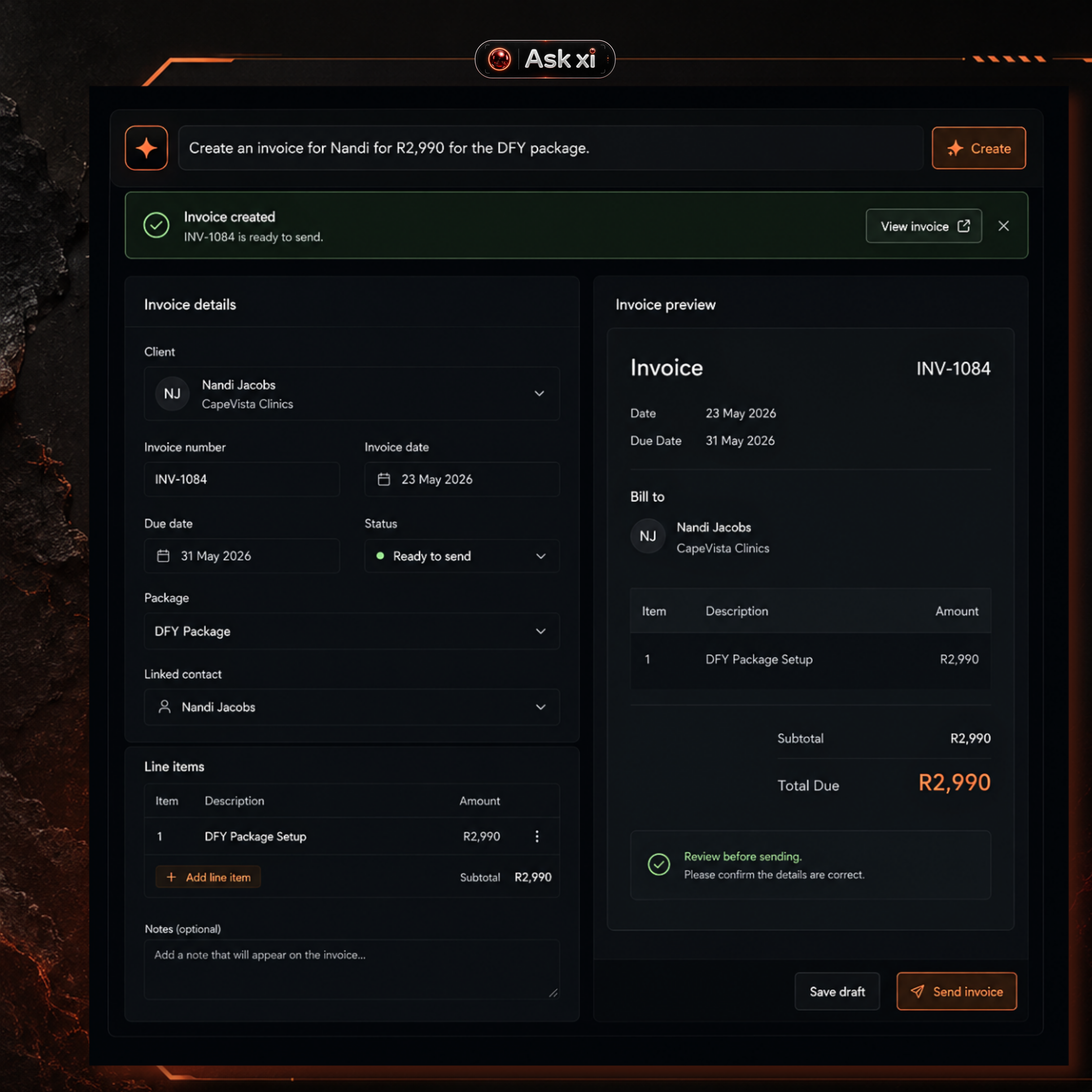 ORBITxi Proof Library screenshot: Create invoices