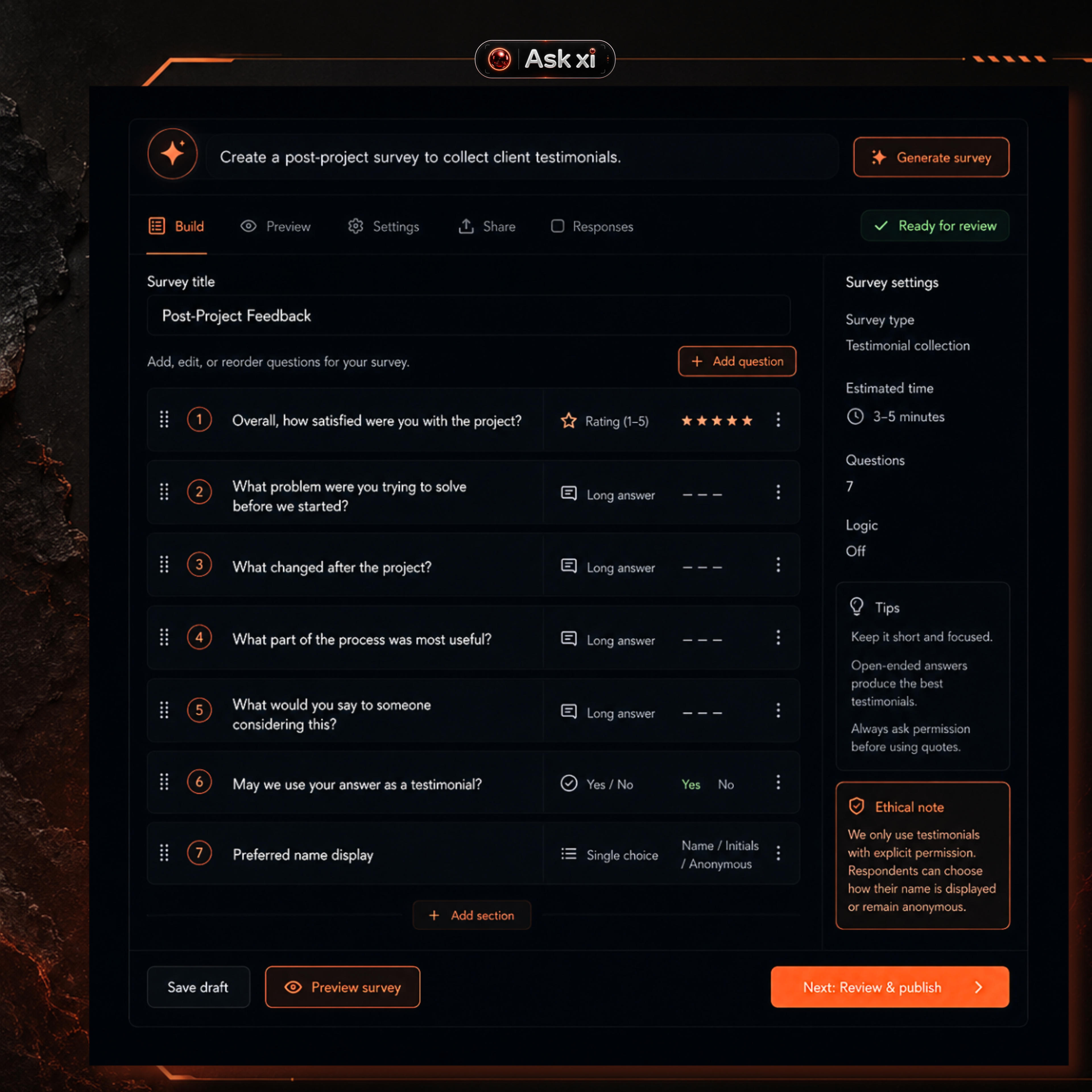 ORBITxi Proof Library screenshot: Collect testimonials