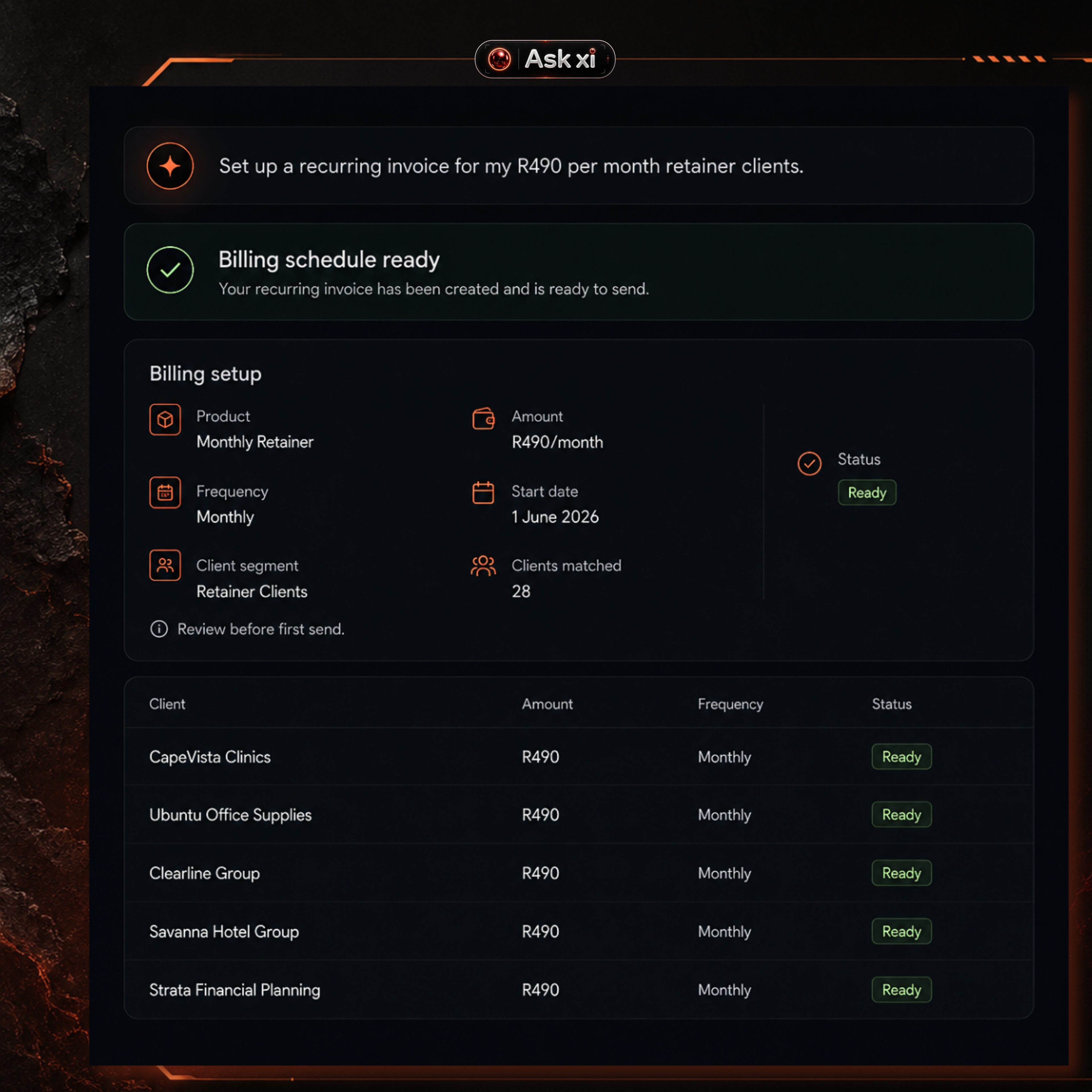 ORBITxi Proof Library screenshot: Set recurring billing