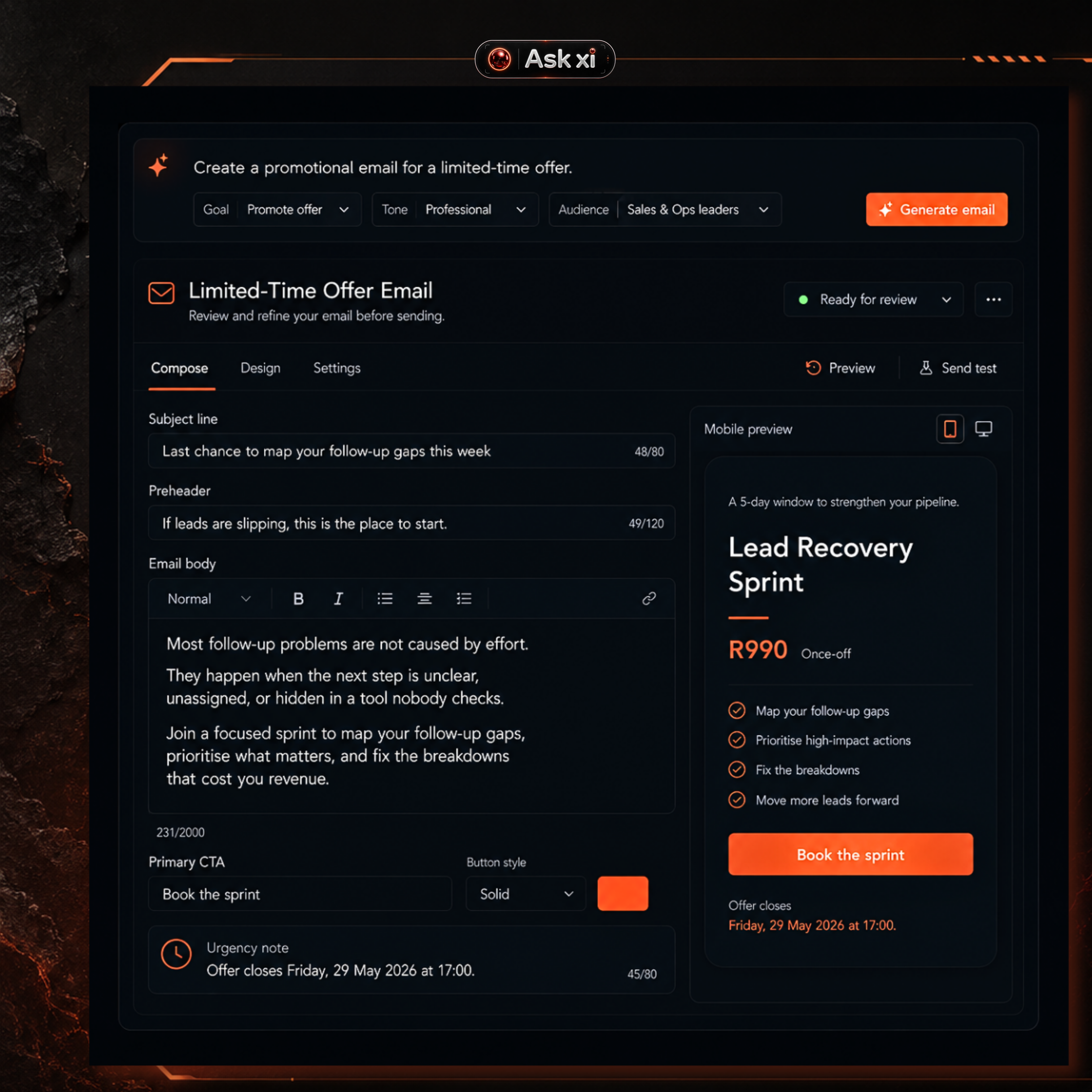 ORBITxi Proof Library screenshot: Draft promo emails